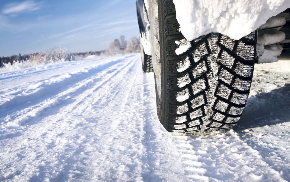 Winter tires on snowy road